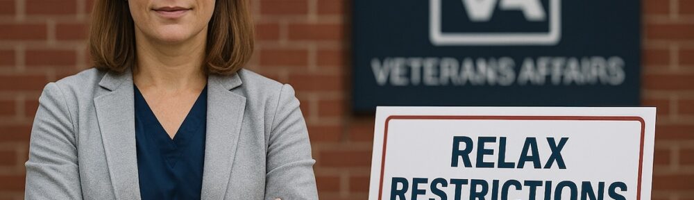 American nurse practitioner standing in front of VA building with sign advocating for expanded practice authority