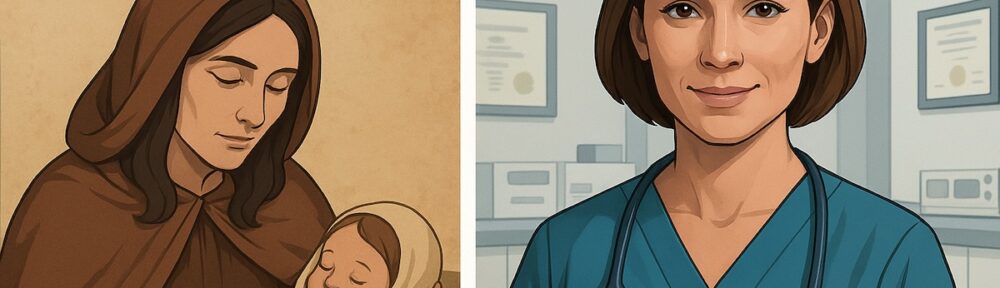 Split image showing traditional midwife with baby on one side and a modern nurse-midwife in scrubs on the other, illustrating misconceptions in pop culture.