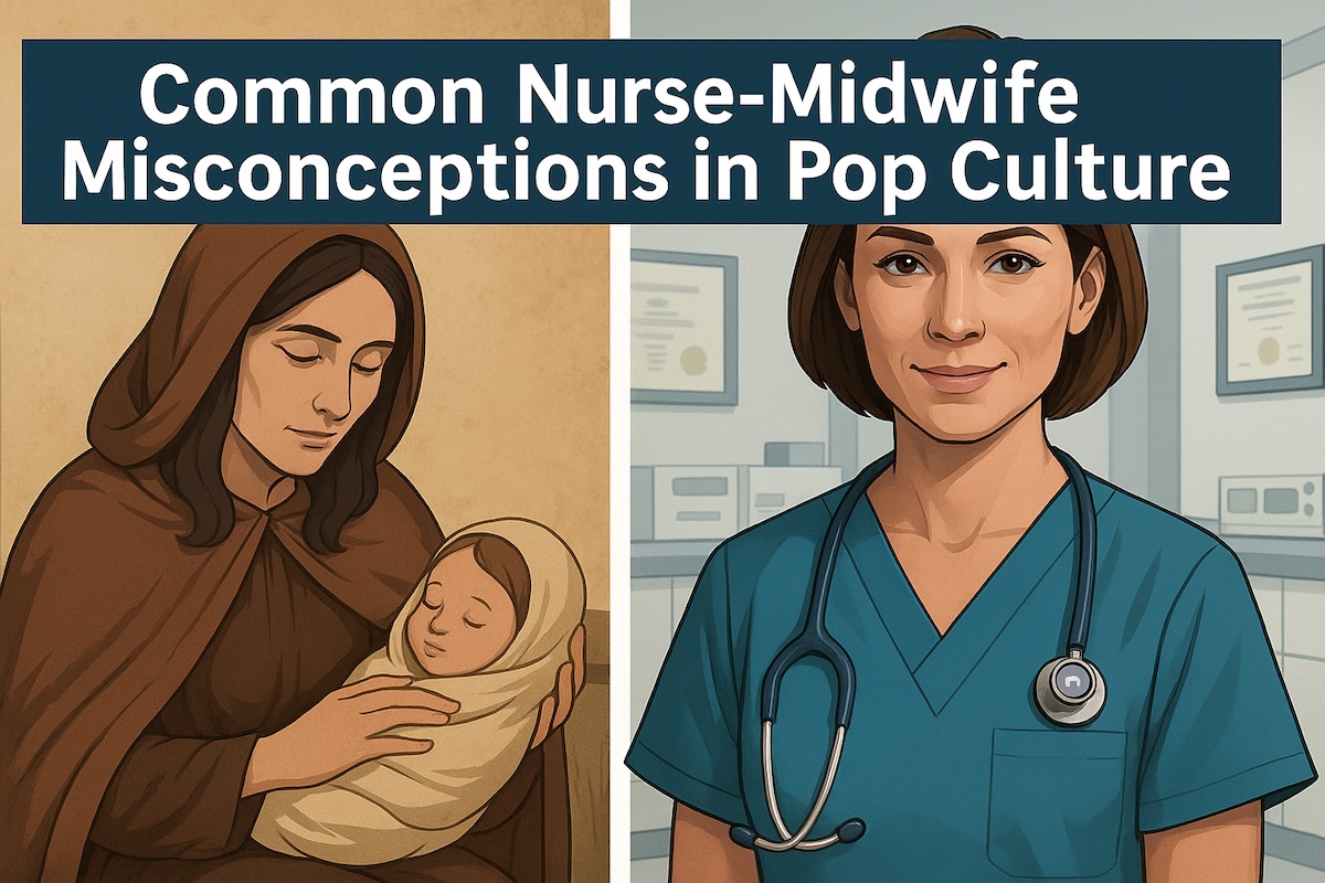 Split image showing traditional midwife with baby on one side and a modern nurse-midwife in scrubs on the other, illustrating misconceptions in pop culture.