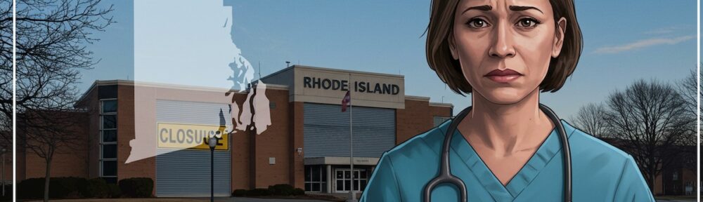 Concerned nurse-midwife in scrubs stands outside Rhode Island birthing center marked for closure, with a state map overlay in the background