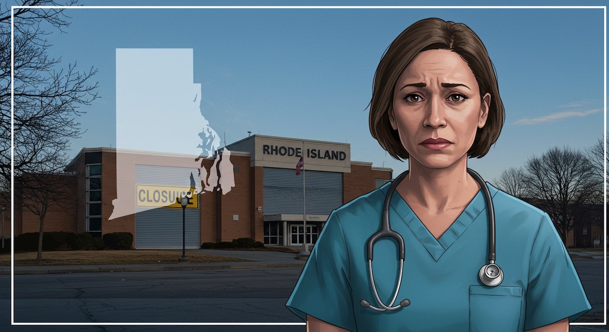 Concerned nurse-midwife in scrubs stands outside Rhode Island birthing center marked for closure, with a state map overlay in the background