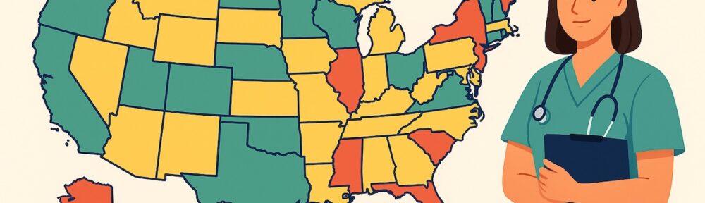 U.S. map showing midwife licensing laws by state in 2025, color-coded to indicate licensed, unregulated, and prohibited states, with a midwife figure in scrubs.