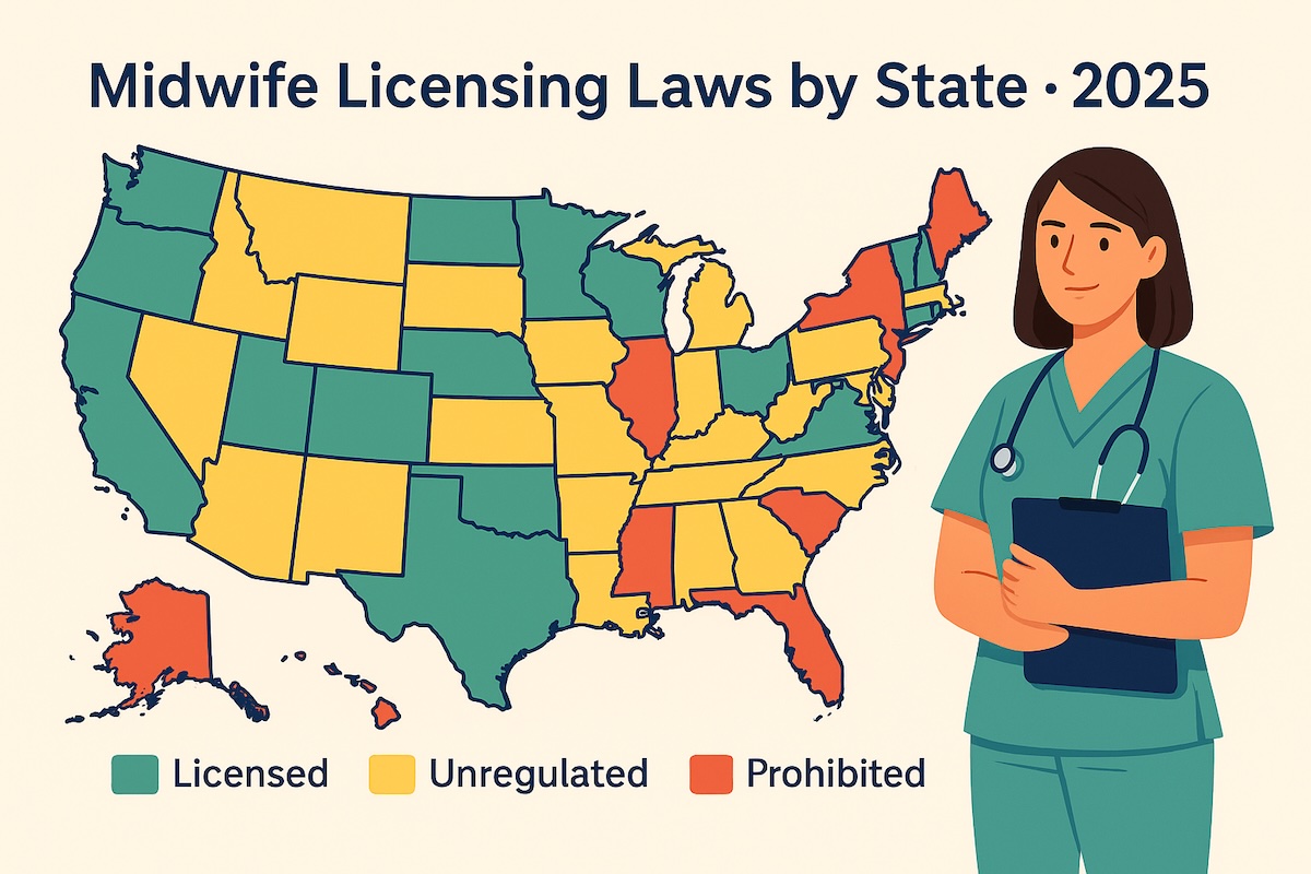 U.S. map showing midwife licensing laws by state in 2025, color-coded to indicate licensed, unregulated, and prohibited states, with a midwife figure in scrubs.