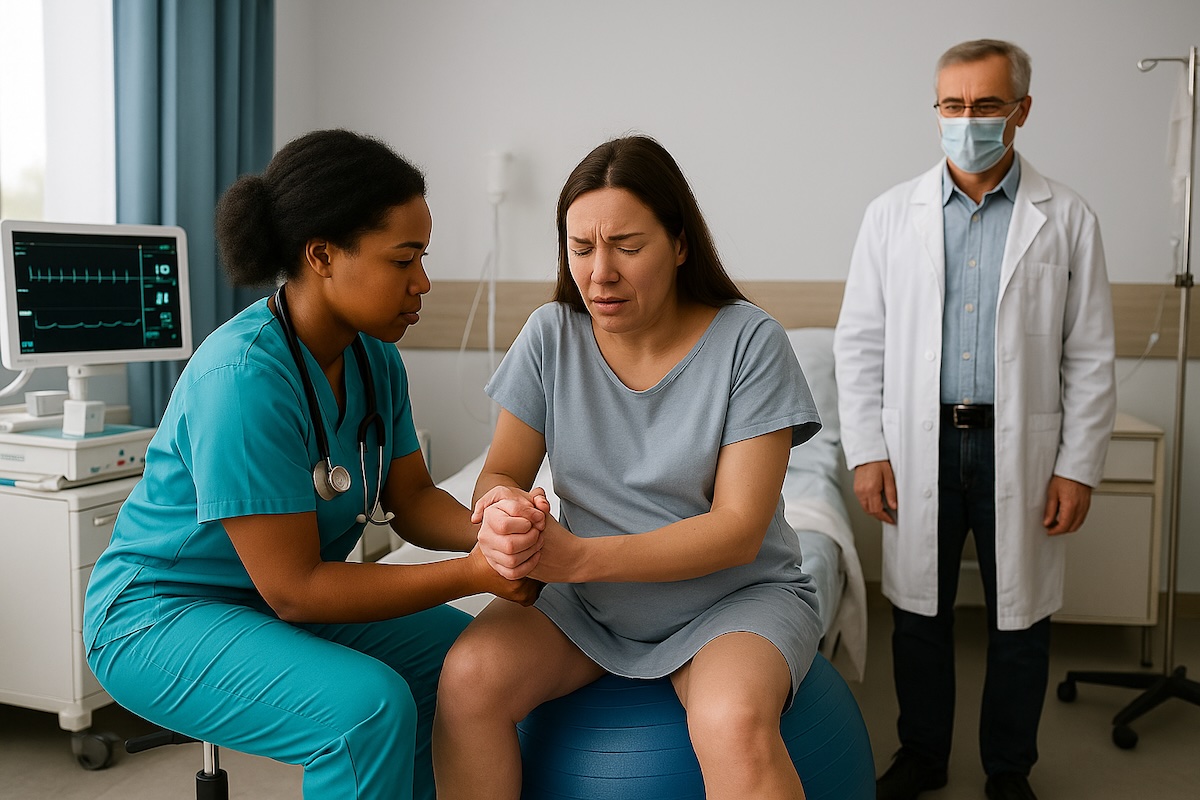 Certified nurse-midwife supporting a laboring woman on a birthing ball in a hospital room, with a physician observing in the background.