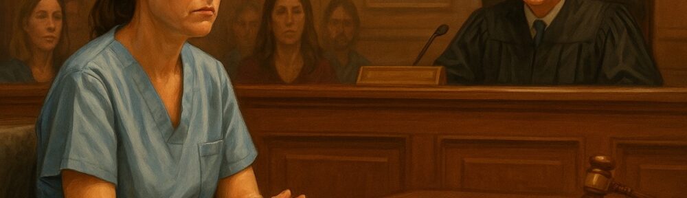 Female midwife in scrubs sits in a courtroom before a judge during a hearing, surrounded by observers, legal papers, and a gavel.
