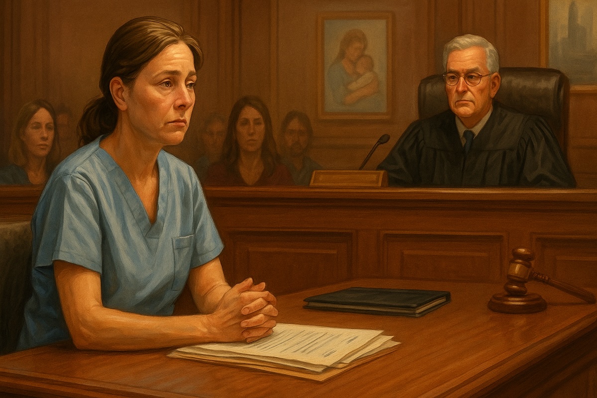 Female midwife in scrubs sits in a courtroom before a judge during a hearing, surrounded by observers, legal papers, and a gavel.