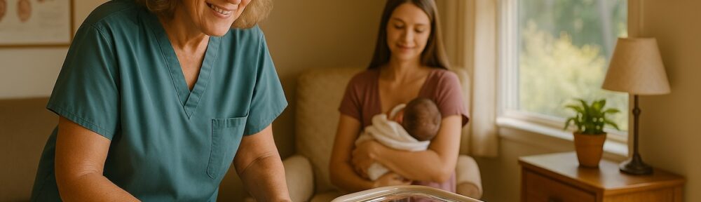 A midwife at Greenbank Birth Center in Washington State smiles while standing beside a newborn in a bassinet, as a young mother holds her baby in the background
