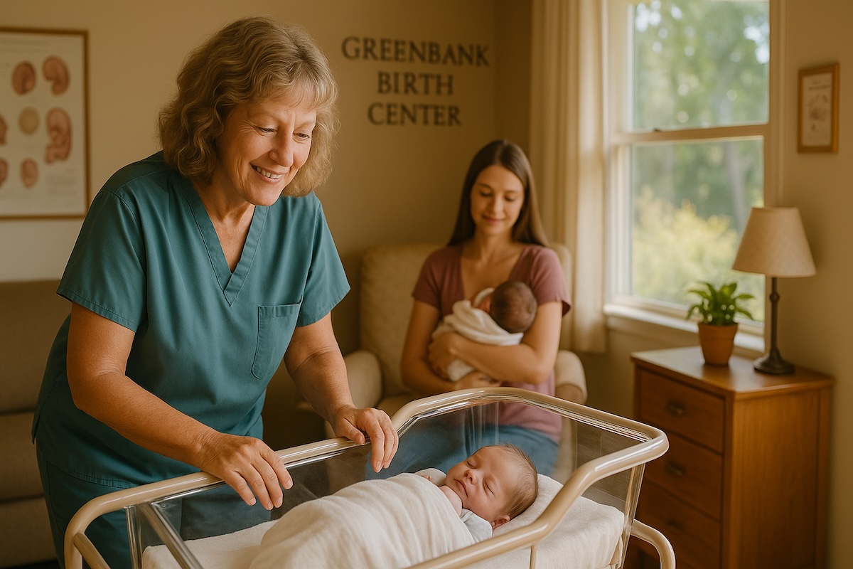 A midwife at Greenbank Birth Center in Washington State smiles while standing beside a newborn in a bassinet, as a young mother holds her baby in the background