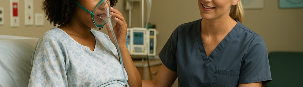 Certified nurse-midwife assists a laboring woman using nitrous oxide for pain relief, promoting autonomy and mobility during childbirth.