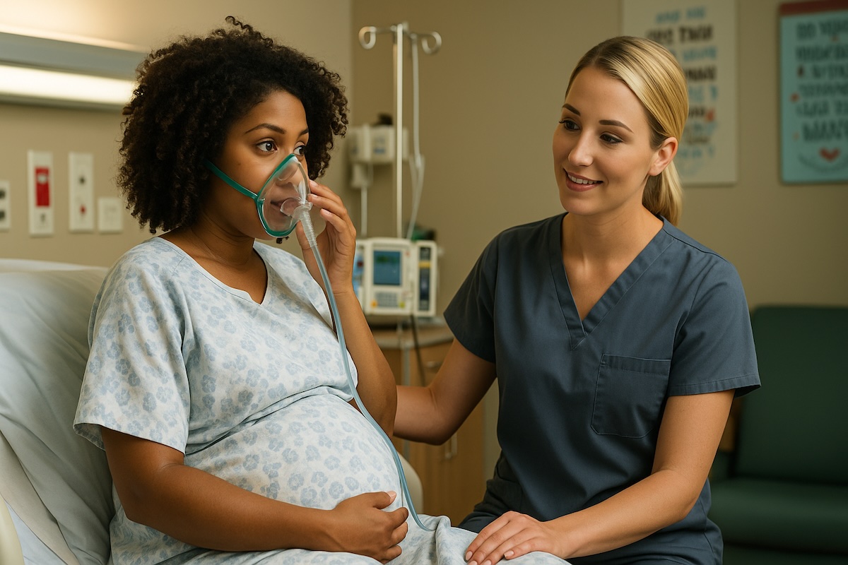 Certified nurse-midwife assists a laboring woman using nitrous oxide for pain relief, promoting autonomy and mobility during childbirth.
