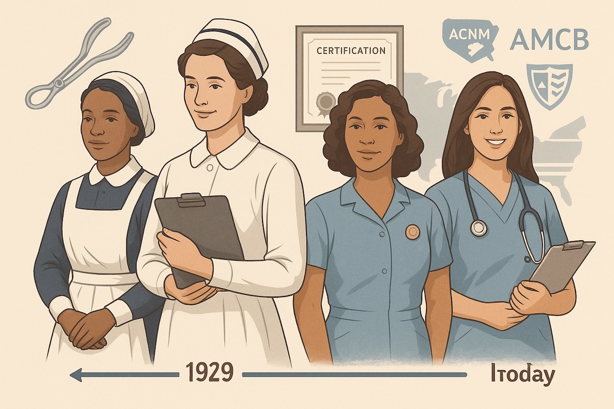 llustrated timeline showing the evolution of nurse-midwifery in the U.S., featuring diverse nurse-midwives from the 1920s to today, with symbols of certification and education.