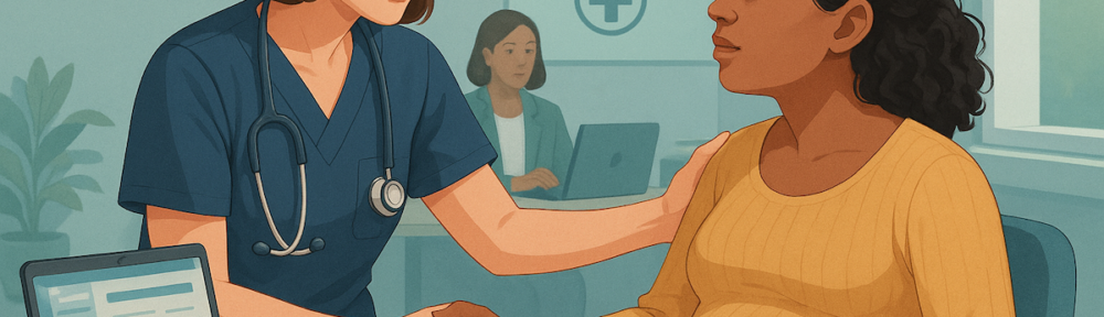A certified nurse-midwife in navy scrubs gently comforts a pregnant woman of color in a community clinic. Medicaid and public health signs are visible in the background, along with a social worker. A laptop displaying electronic records and paper charts are on the desk, conveying the professional, compassionate, and collaborative nature of midwifery care for underserved populations.