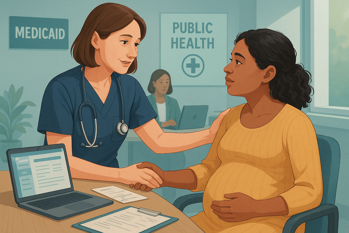 A certified nurse-midwife in navy scrubs gently comforts a pregnant woman of color in a community clinic. Medicaid and public health signs are visible in the background, along with a social worker. A laptop displaying electronic records and paper charts are on the desk, conveying the professional, compassionate, and collaborative nature of midwifery care for underserved populations.