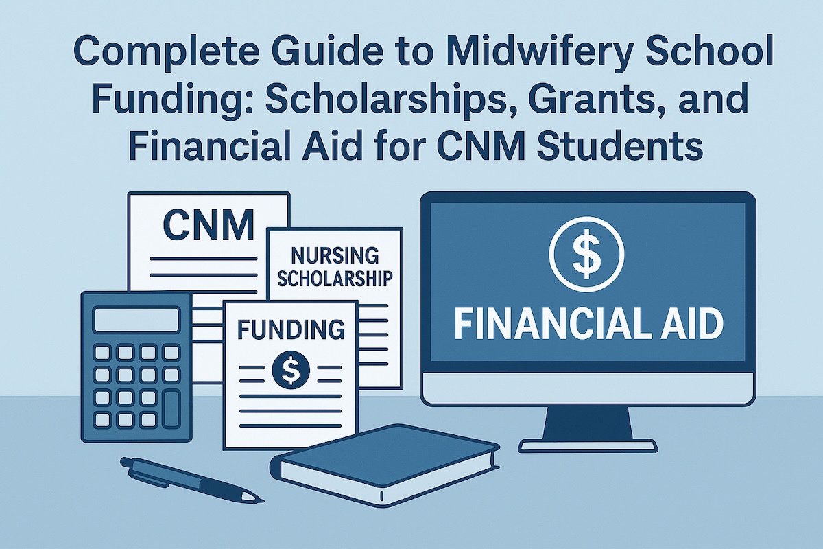 Illustrated guide showing CNM funding documents, nursing scholarships, and financial aid resources for midwifery students