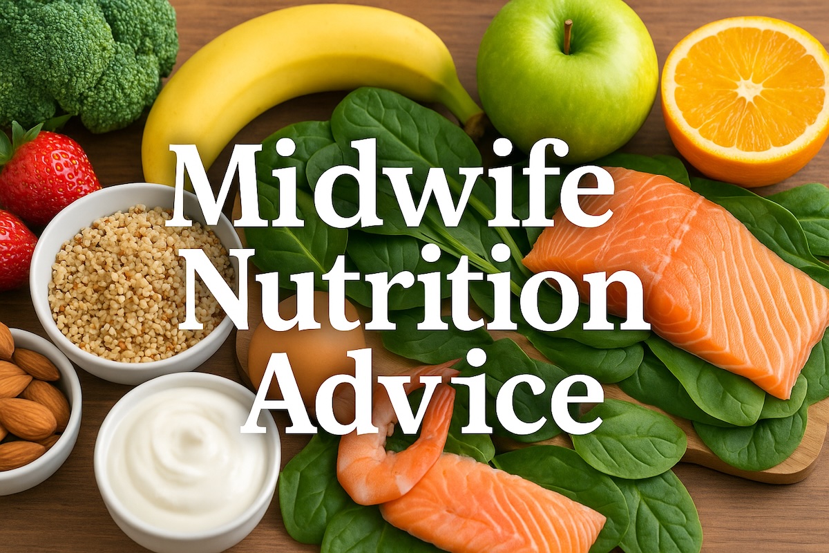 Healthy pregnancy foods like salmon, greens, fruit, and grains displayed under the title “Midwife Nutrition Advice”