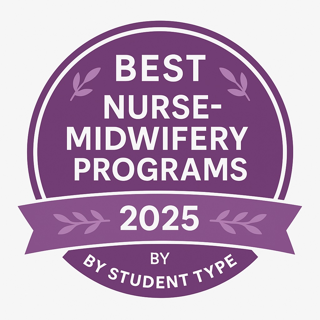 Circular award badge reading "Best Nurse-Midwifery Programs" for top CNM schools in 2025