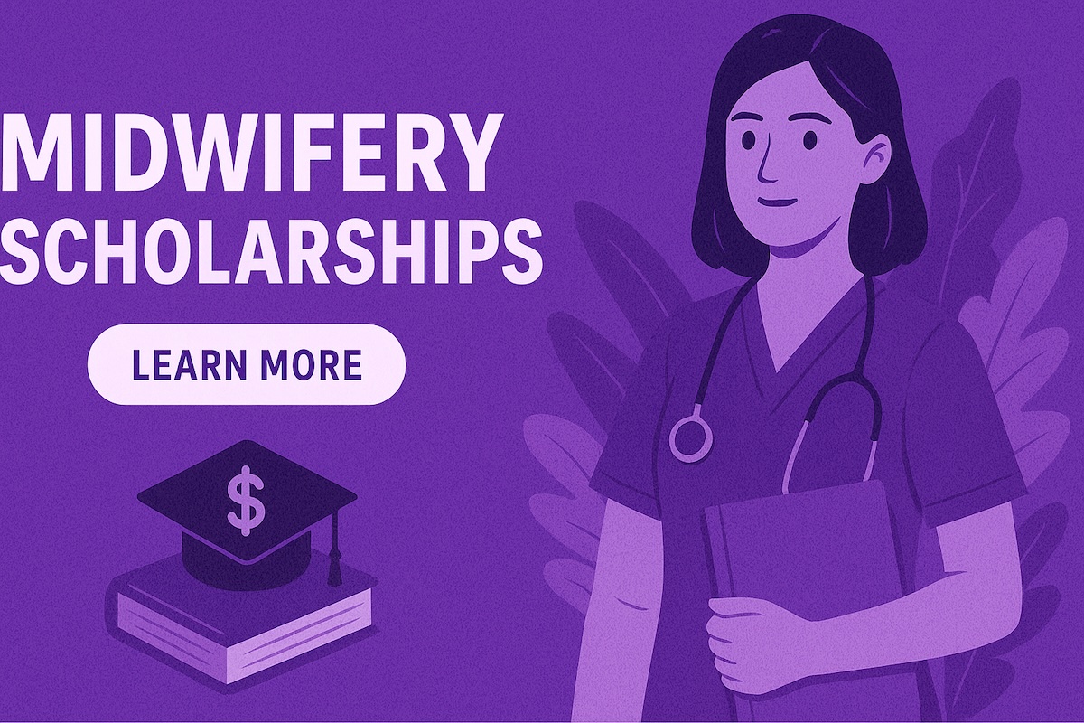 Midwifery scholarships and grants illustration showing nurse midwife with graduation cap, books, and funding symbols for CNM education