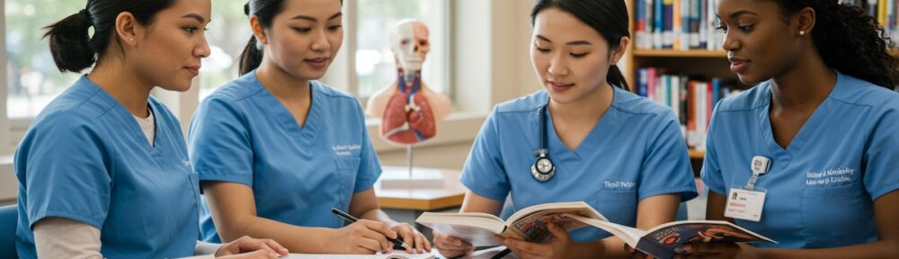 Diverse group of nursing students in blue scrubs studying together at a table in a medical library, with midwifery textbooks and an anatomical model visible in the background.