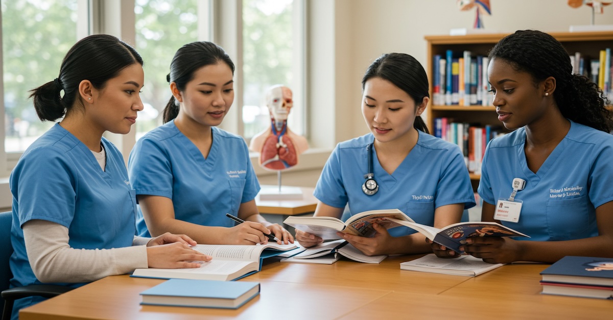 Diverse group of nursing students in blue scrubs studying together at a table in a medical library, with midwifery textbooks and an anatomical model visible in the background.