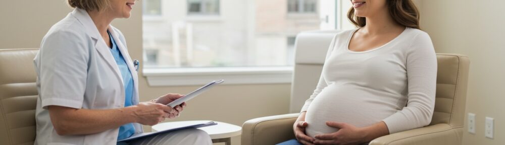 Pregnant woman discussing prenatal care with nurse-midwife holding tablet in modern medical office