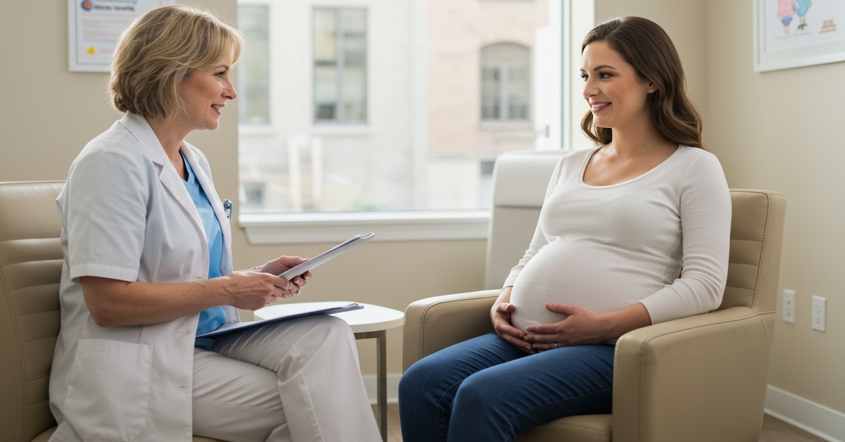 Pregnant woman discussing prenatal care with nurse-midwife holding tablet in modern medical office