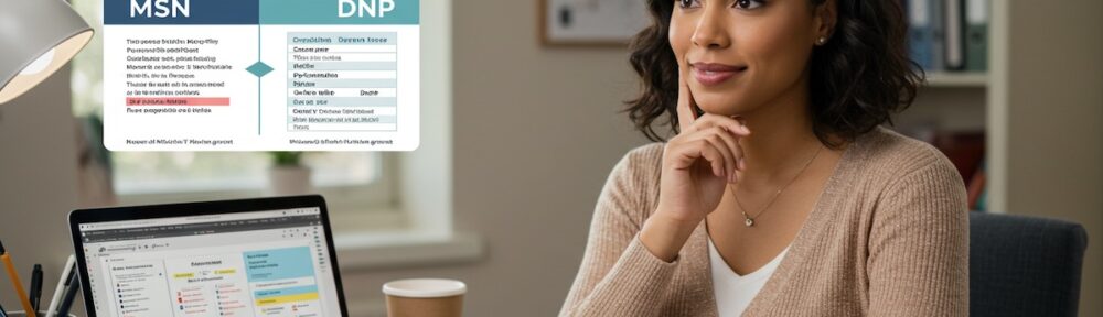 Young woman thoughtfully researching MSN vs DNP midwifery degree options at her desk with laptop and comparison chart overlay showing program differences