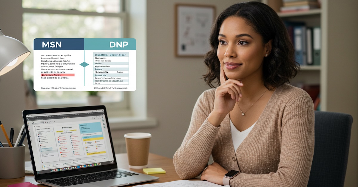 Young woman thoughtfully researching MSN vs DNP midwifery degree options at her desk with laptop and comparison chart overlay showing program differences