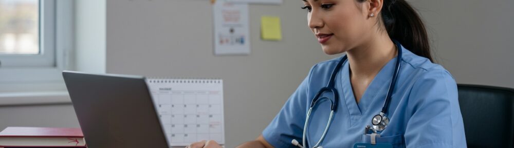 Working nurse in scrubs researching weekend CNM programs on laptop with calendar and study materials on desk