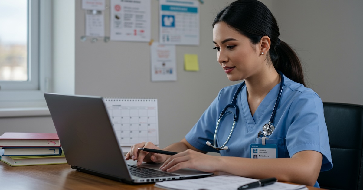 Working nurse in scrubs researching weekend CNM programs on laptop with calendar and study materials on desk