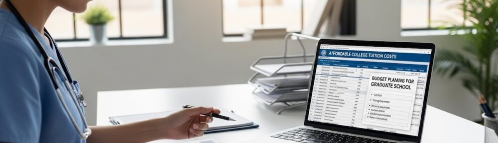 Nursing student in blue scrubs reviewing affordable college tuition costs and budget planning documents on laptop for CNM graduate school