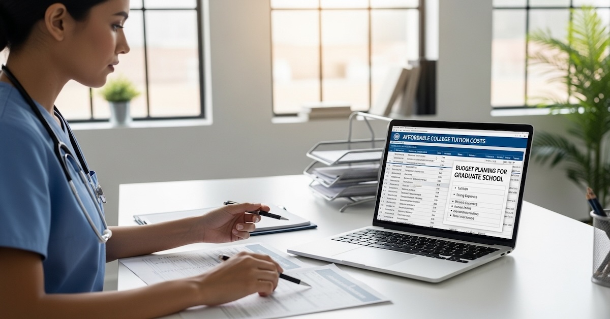 Nursing student in blue scrubs reviewing affordable college tuition costs and budget planning documents on laptop for CNM graduate school