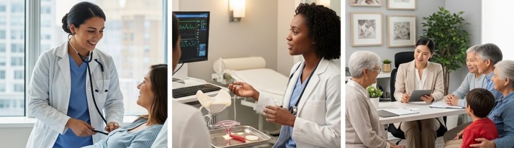 Three nurse practitioners in different specialties: CNM with pregnant patient, WHNP in gynecology clinic, and FNP with family