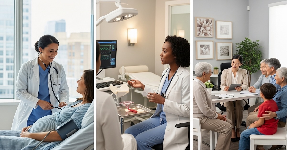 Three nurse practitioners in different specialties: CNM with pregnant patient, WHNP in gynecology clinic, and FNP with family